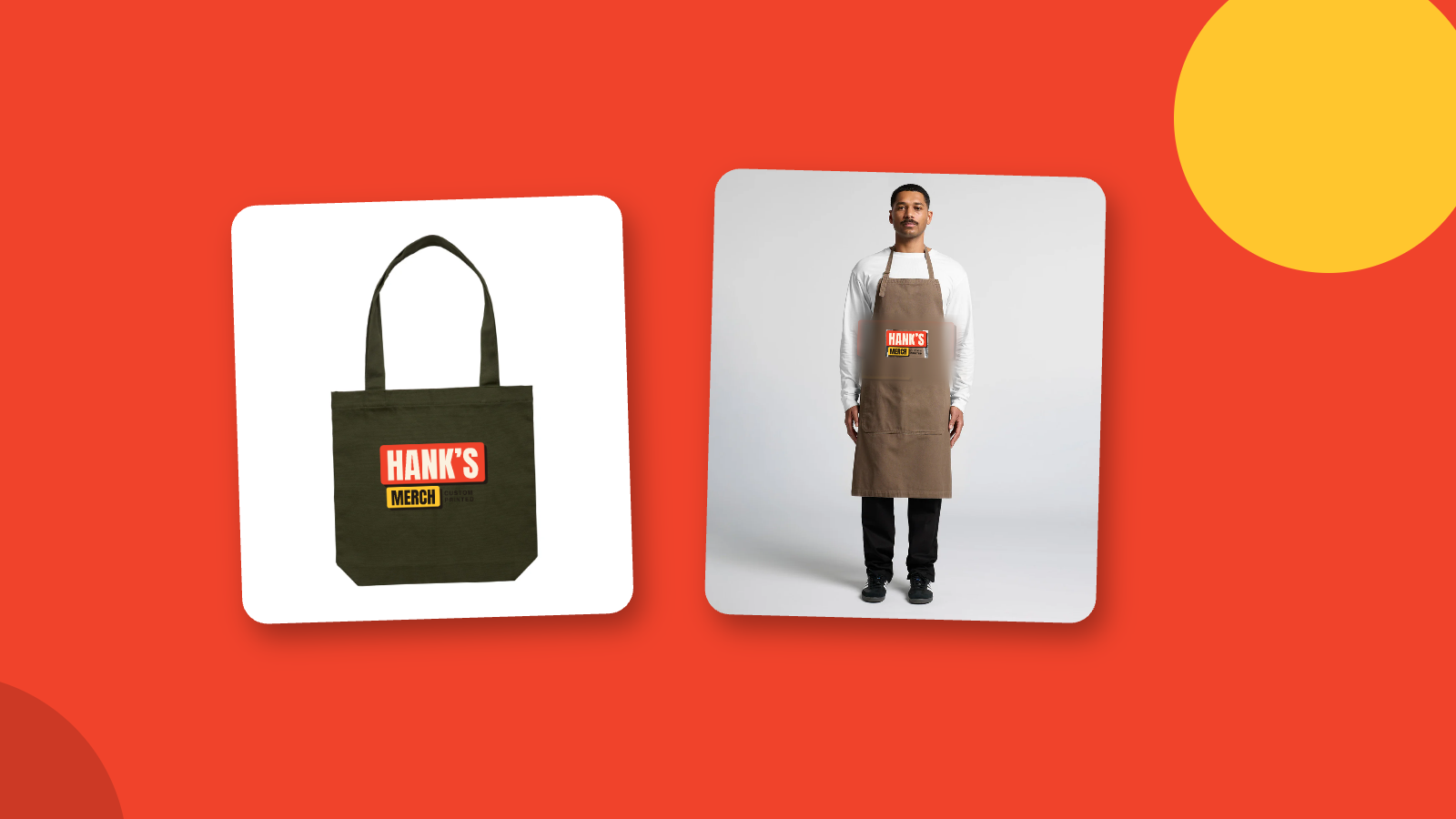 Hank's Merch hero image - tote bag and apron