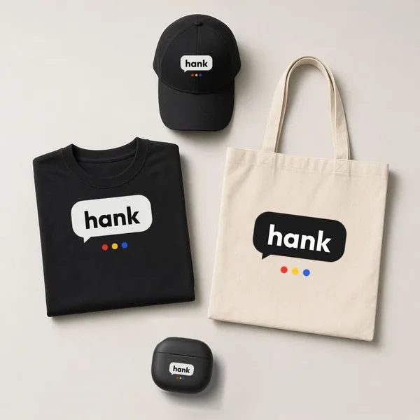 Hank-branded merch: a black tee, natural cotton tote, black cap and matte black wireless earbuds case, each printed with the hank speech-bubble logo