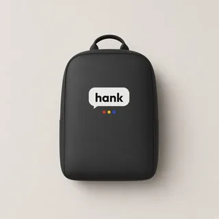 A black backpack with a hank logo on the front panel