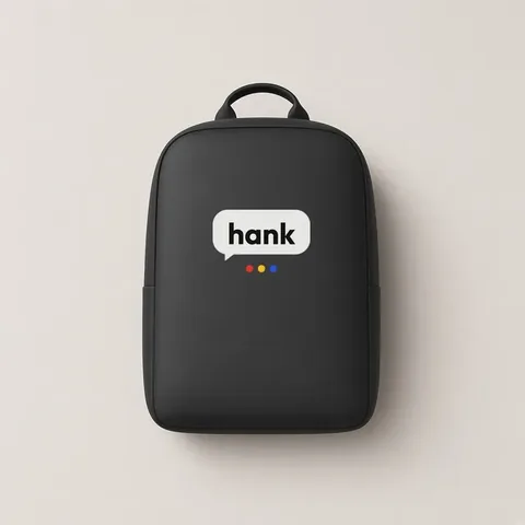 A black backpack with a hank logo on the front panel