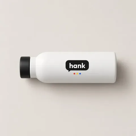 A white drink bottle with a hank logo printed on the side