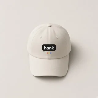 A stone-coloured cap with a hank logo on the front panel