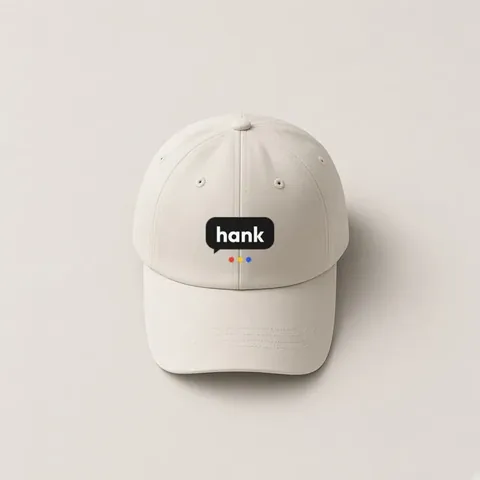 A stone-coloured cap with a hank logo on the front panel