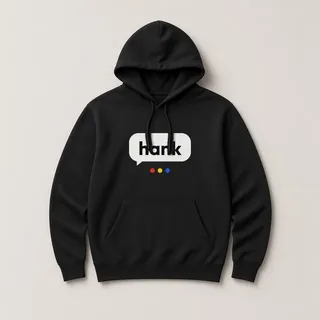 A black hoodie with a hank logo printed on the chest