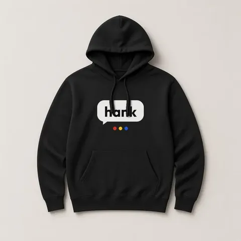 A black hoodie with a hank logo printed on the chest