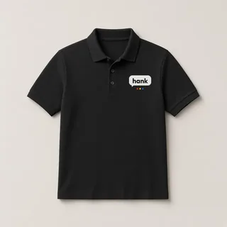 A black polo with a small hank logo on the left chest