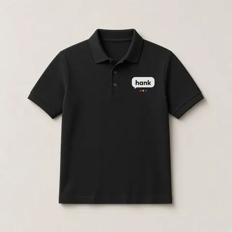 A black polo with a small hank logo on the left chest