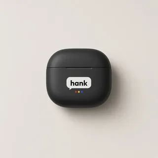 A black wireless earbuds case with a hank logo printed on the front
