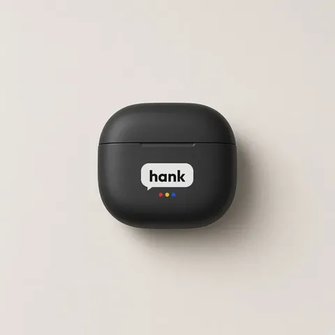 A black wireless earbuds case with a hank logo printed on the front