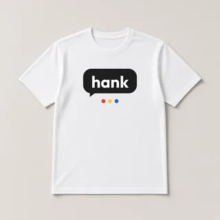 A white tee with a hank logo printed on the chest