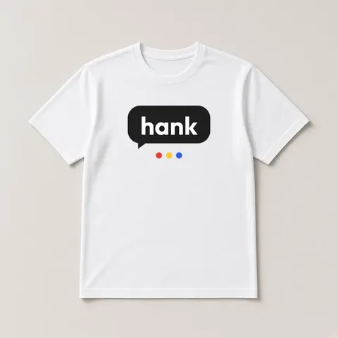 A white tee with a hank logo printed on the chest