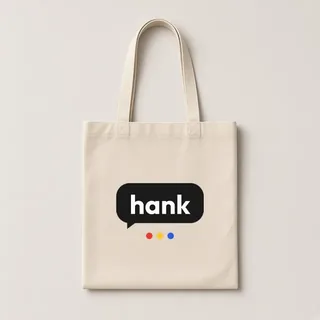 A natural cotton tote bag with a hank logo printed on the front